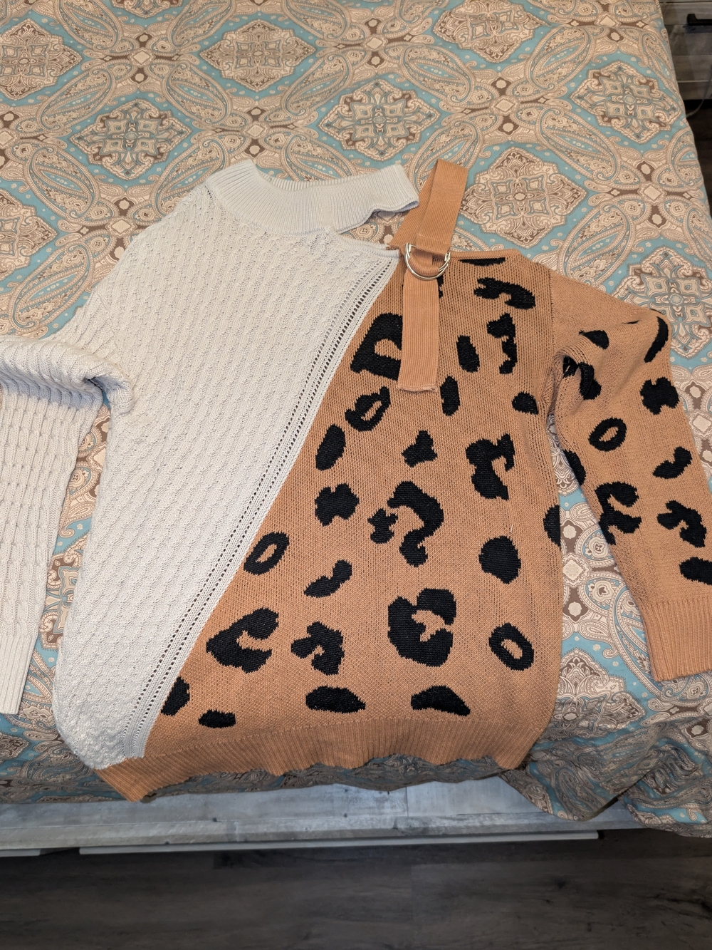 Two-Tone Cream and Tan Leopard-Print Sweater with Buckle Strap